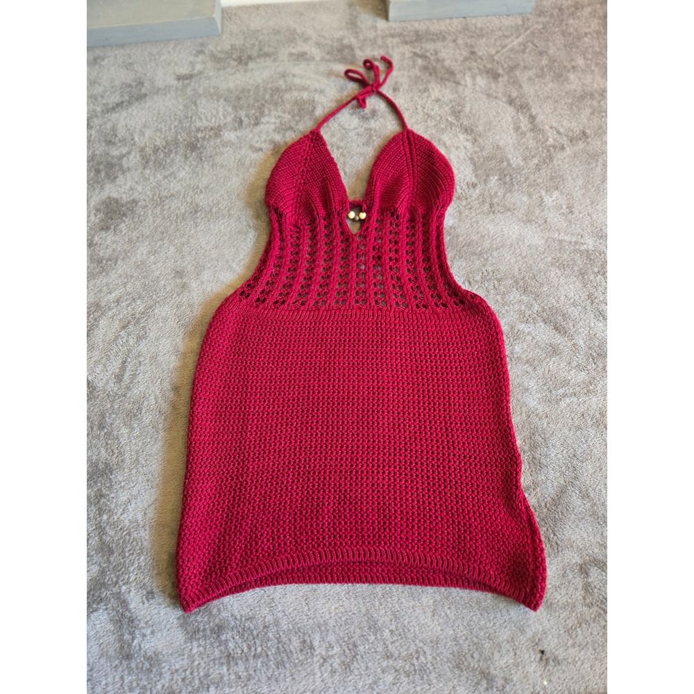 Unbranded Crochet Halter Top Women S Magenta Good Boho Open Knit Beaded Detail